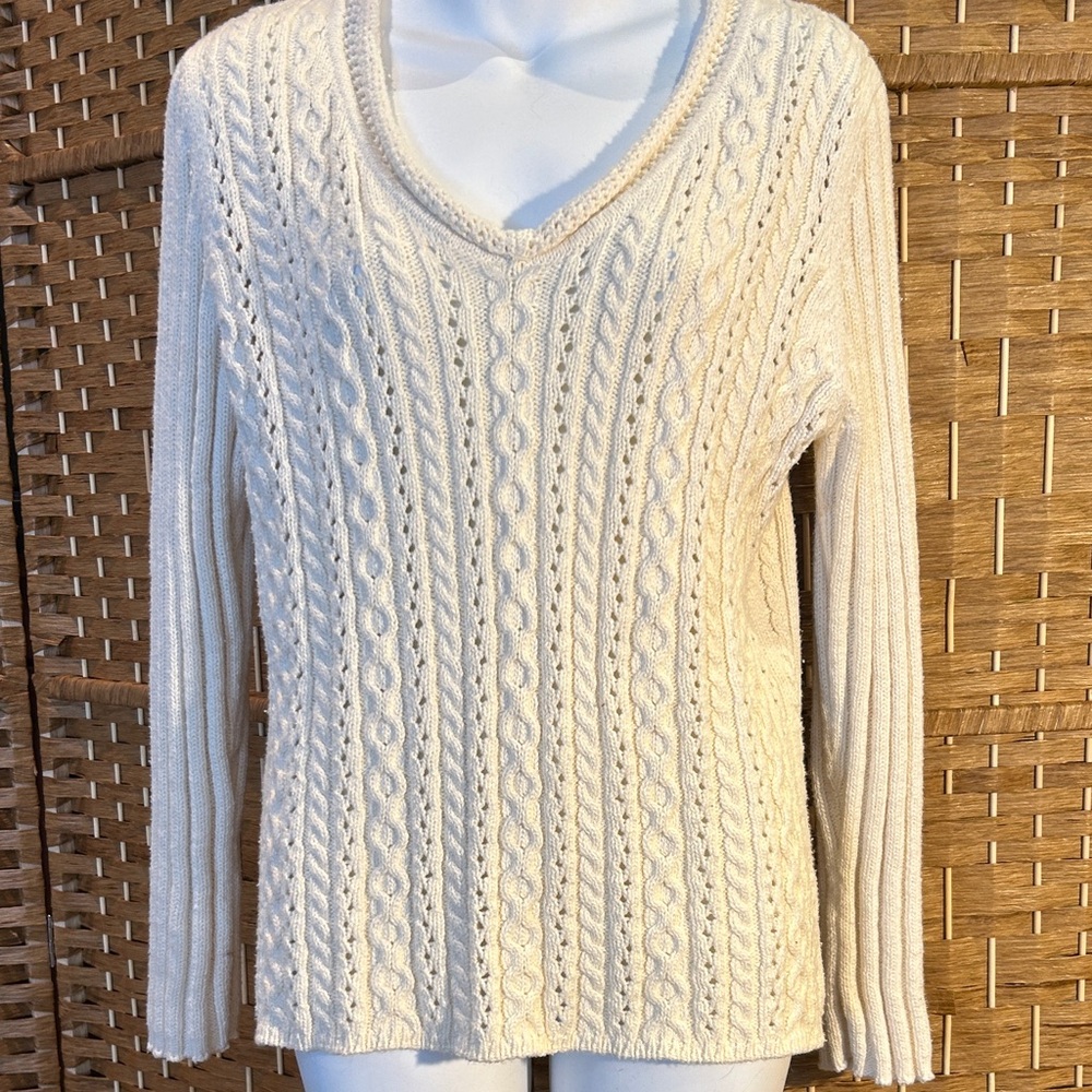 Cream Cable Knit V-Neck Sweater 100% Cotton Fisherman Cottagecore Preppy M